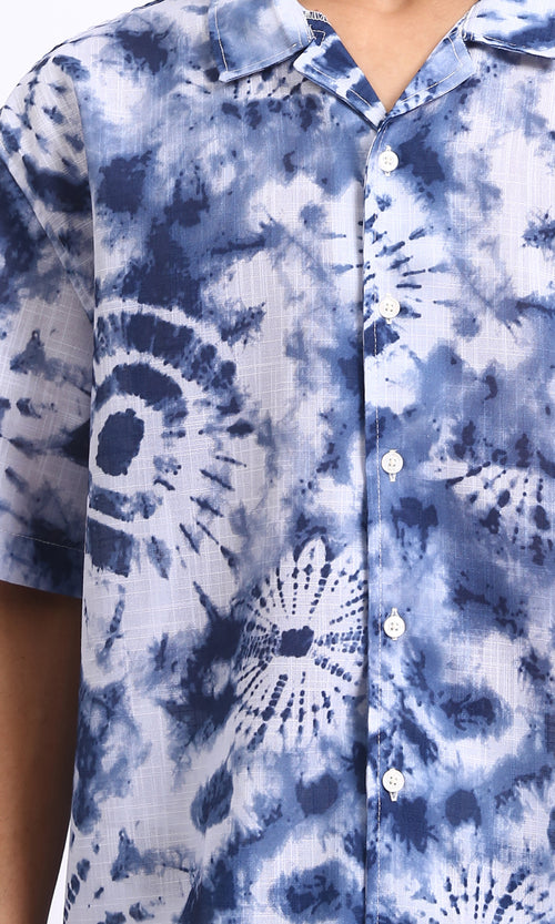 R204706 - Patterned Short Sleeves Summer Shirt - Navy Blue & White