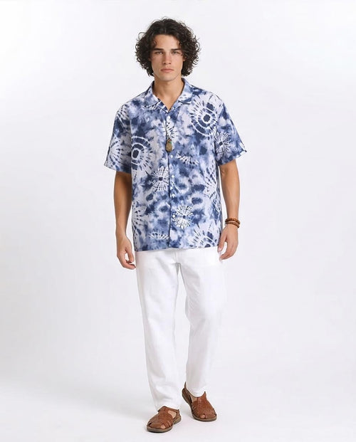 RAVIN Men’s Shibori Sunburst Relaxed Fit Camp Collar Shirt – Indigo Tie-Dye - R204706