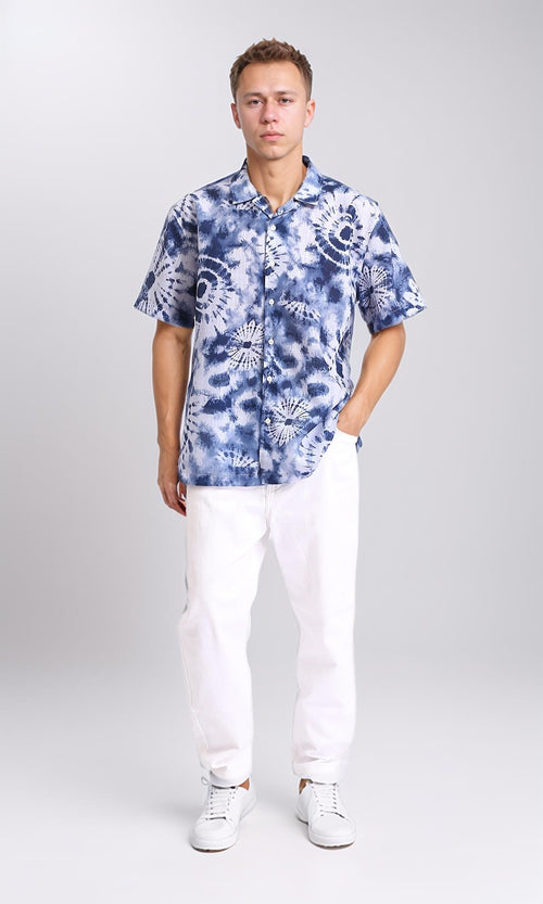 R204706 - Patterned Short Sleeves Summer Shirt - Navy Blue & White