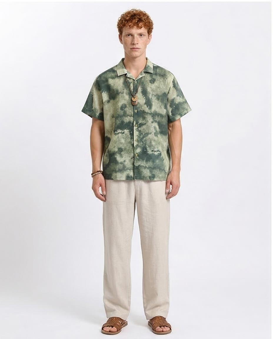 Ravin | Men’s Resort Cloud-Wash Camp Collar Shirt- Olive & Dark Green - R204707