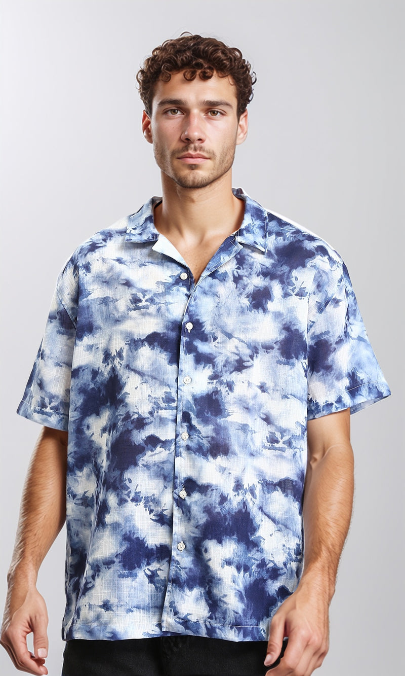 R204710 - Patterned Short Sleeves Summer Shirt - Navy Blue & Light Blue