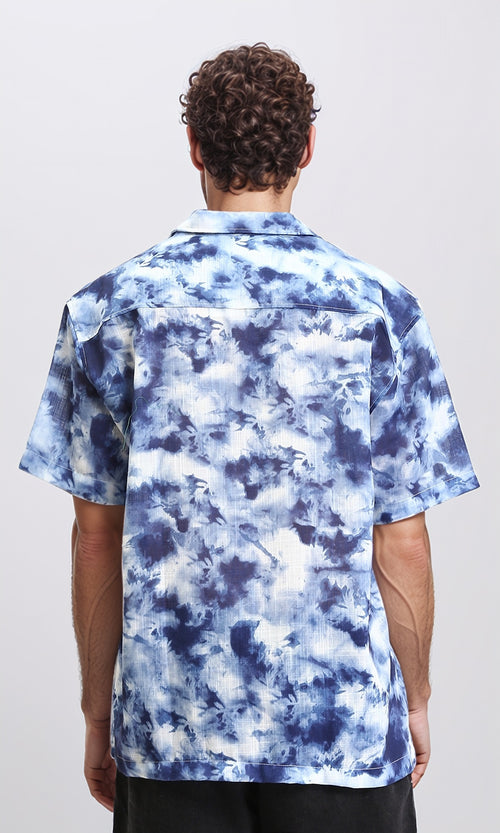 R204710 - Patterned Short Sleeves Summer Shirt - Navy Blue & Light Blue