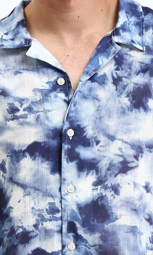 R204710 - Patterned Short Sleeves Summer Shirt - Navy Blue & Light Blue