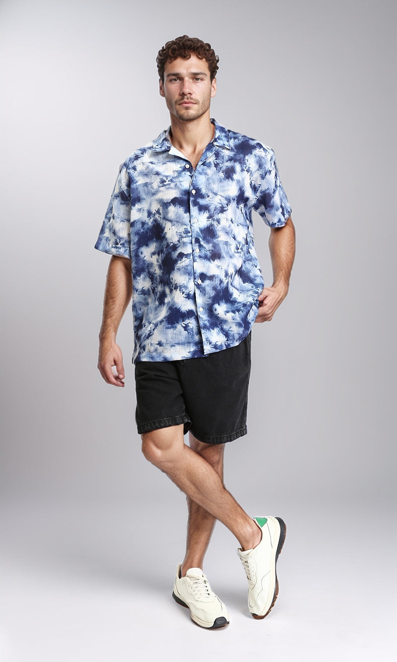 R204710 - Patterned Short Sleeves Summer Shirt - Navy Blue & Light Blue