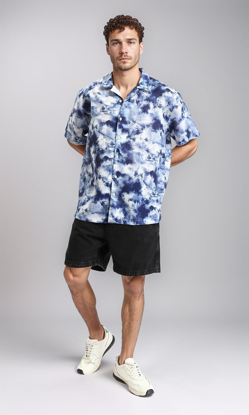 R204710 - Patterned Short Sleeves Summer Shirt - Navy Blue & Light Blue