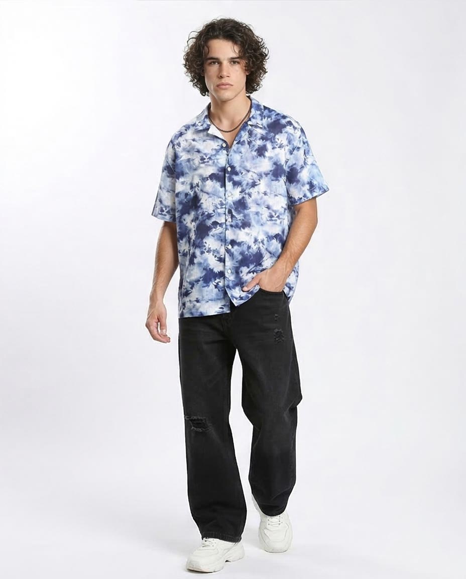 Ravin Blue Cloud-Wash Short Sleeve Resort Shirt- Navy Blue & Light Blue - R204710
