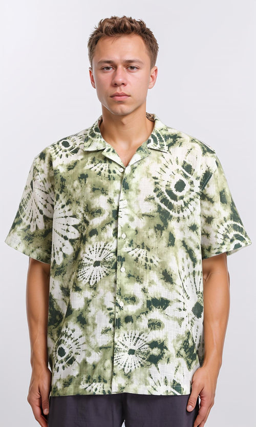 R204711 - Patterned Short Sleeves Buttoned Shirt - Olive & Dark Green