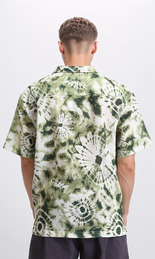 R204711 - Patterned Short Sleeves Buttoned Shirt - Olive & Dark Green