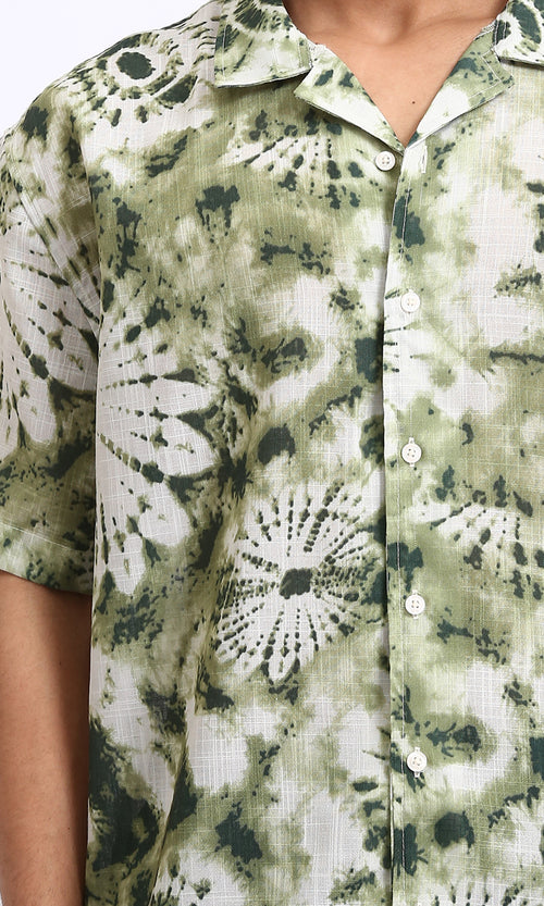 R204711 - Patterned Short Sleeves Buttoned Shirt - Olive & Dark Green