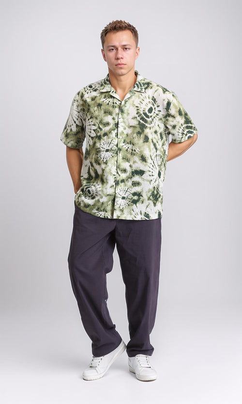 R204711 - Patterned Short Sleeves Buttoned Shirt - Olive & Dark Green