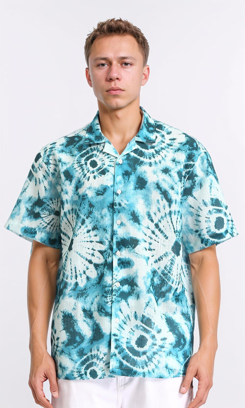 R204712 - Patterned Short Sleeves Summer Shirt - Sky Blue & Dark Green