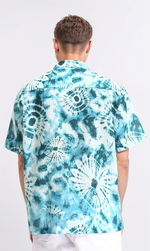 R204712 - Patterned Short Sleeves Summer Shirt - Sky Blue & Dark Green