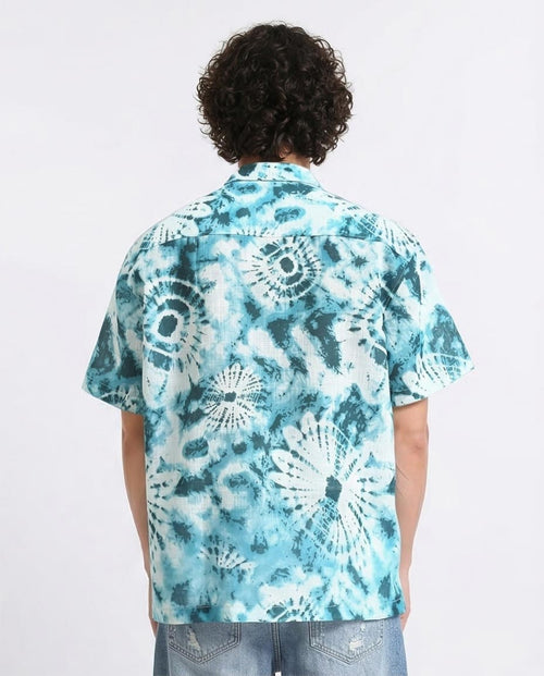 Ravin Men’s Shibori Sunburst Relaxed Camp Collar Shirt – Turquoise/White - R204712