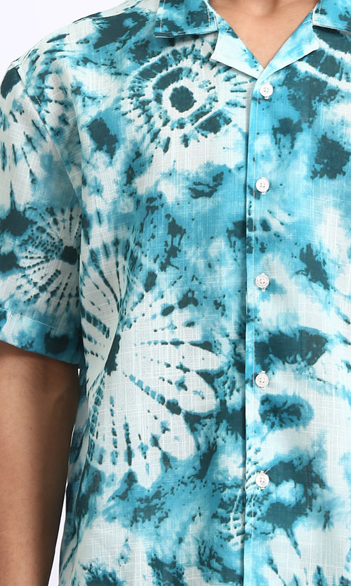 R204712 - Patterned Short Sleeves Summer Shirt - Sky Blue & Dark Green