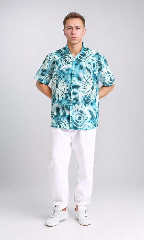 R204712 - Patterned Short Sleeves Summer Shirt - Sky Blue & Dark Green