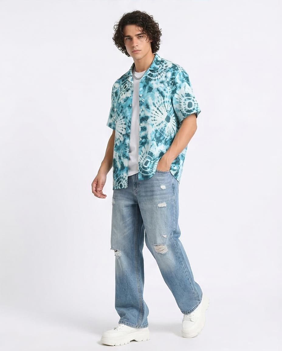 Ravin Men’s Shibori Sunburst Relaxed Camp Collar Shirt – Turquoise/White - R204712