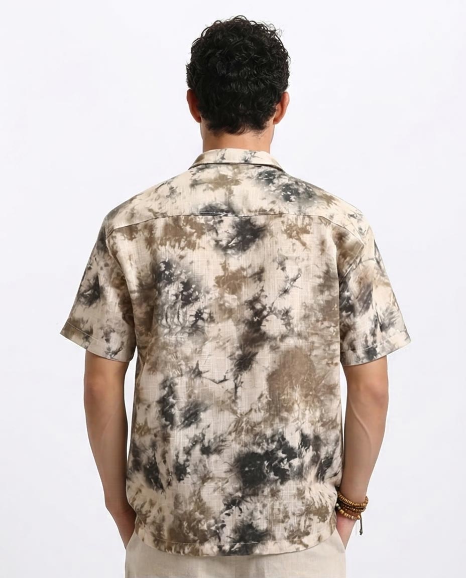 Ravin Abstract Marble Tie-Dye Camp Collar Shirt - Black & Brown - R204713
