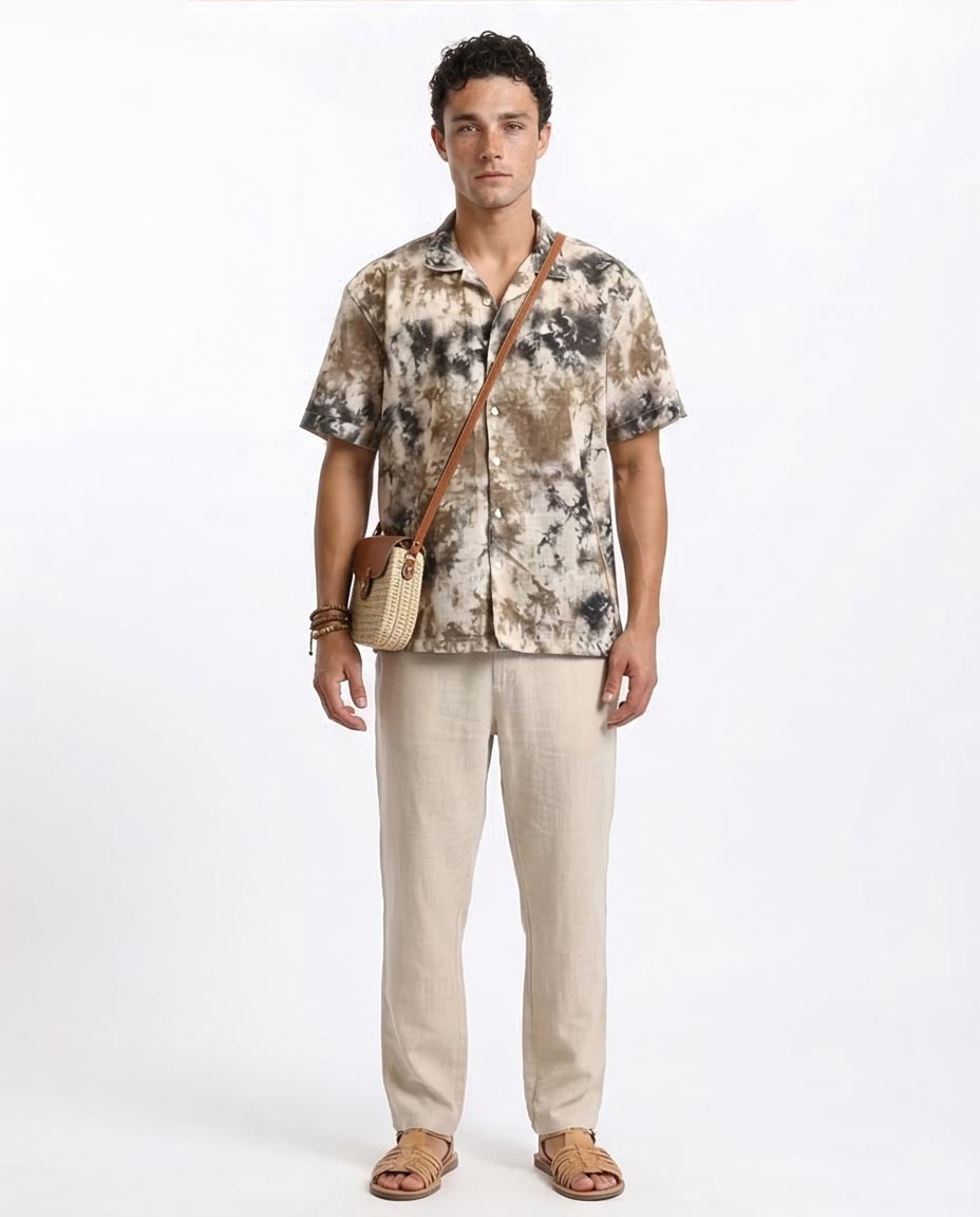 Ravin Abstract Marble Tie-Dye Camp Collar Shirt - Black & Brown - R204713