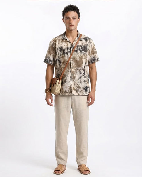 Ravin Abstract Marble Tie-Dye Camp Collar Shirt - Black & Brown - R204713