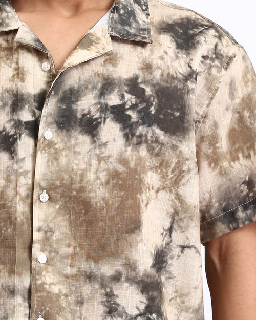 Ravin Abstract Marble Tie-Dye Camp Collar Shirt - Black & Brown - R204713