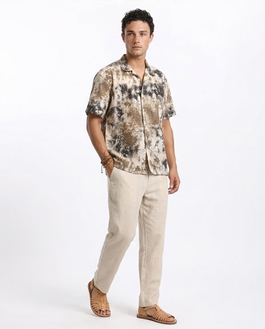 Ravin Abstract Marble Tie-Dye Camp Collar Shirt - Black & Brown - R204713
