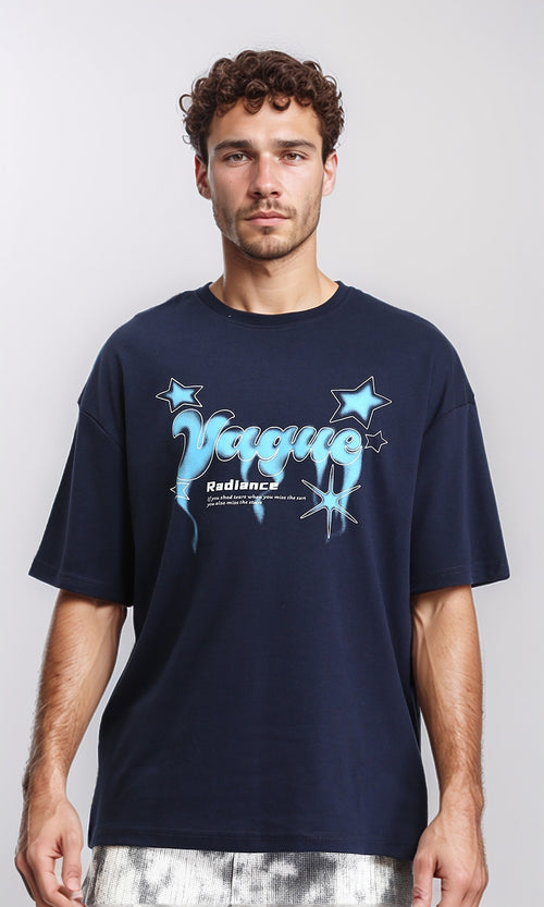 Elbow Sleeves Cotton Tee with "vague" Print - Navy Blue