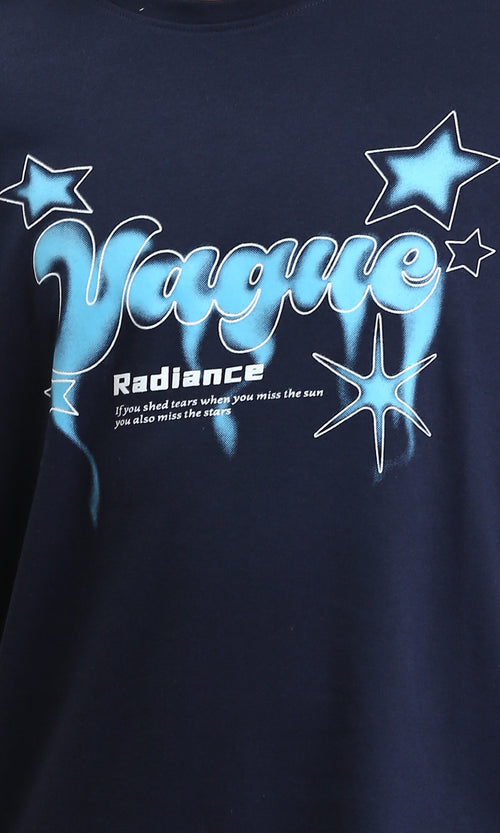 R204833 - تي شيرت قطني بأكمام مرفقة وطبعة "Vague" - أزرق كحلي