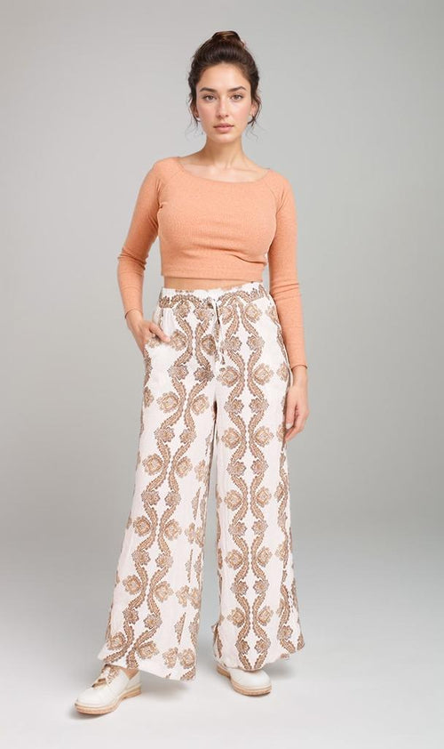 R204835-R204835 - Printed Wide-Leg Pants - Beige & Brown