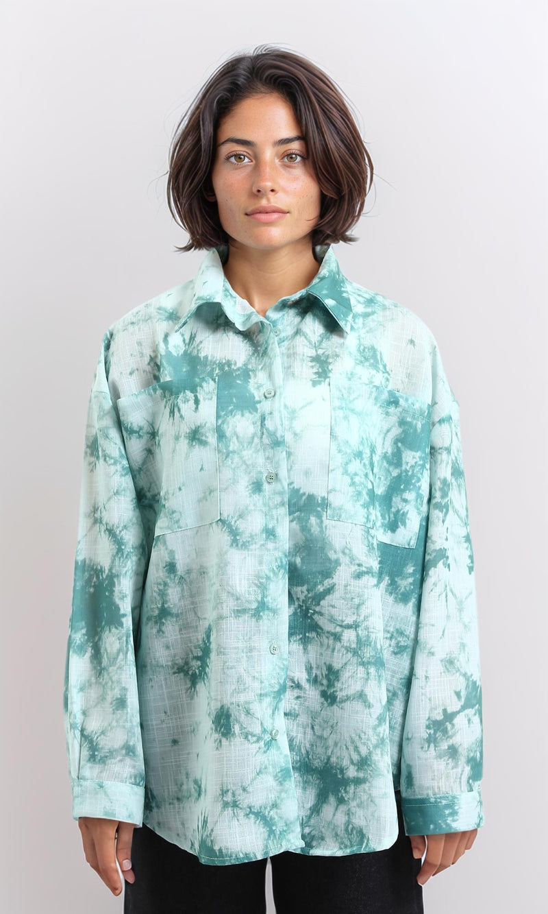 R204839 - Long Sleeves Tie Dye Relaxed Shirt - Jade Green