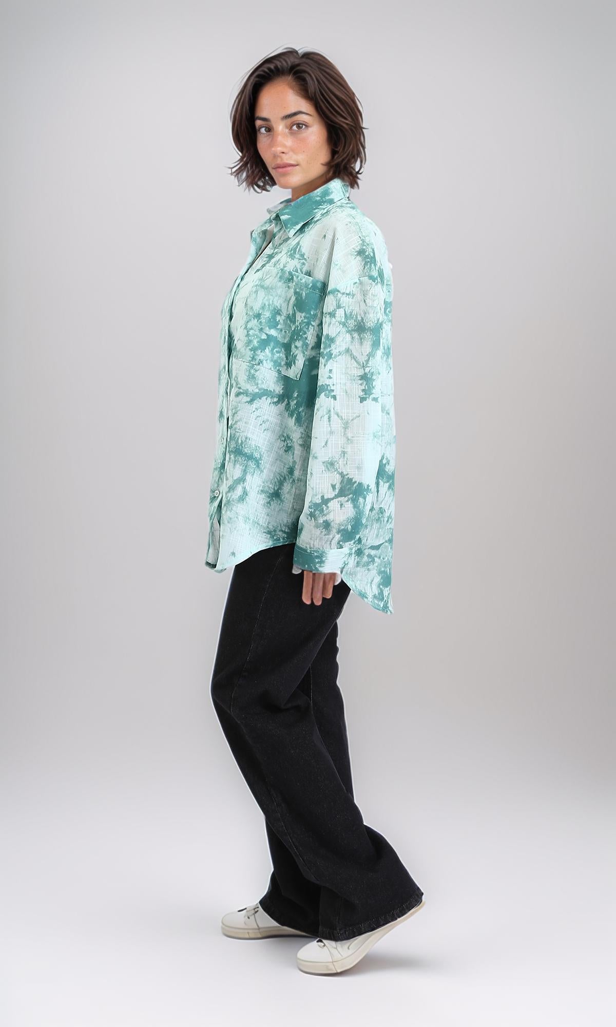 R204839 - Long Sleeves Tie Dye Relaxed Shirt - Jade Green