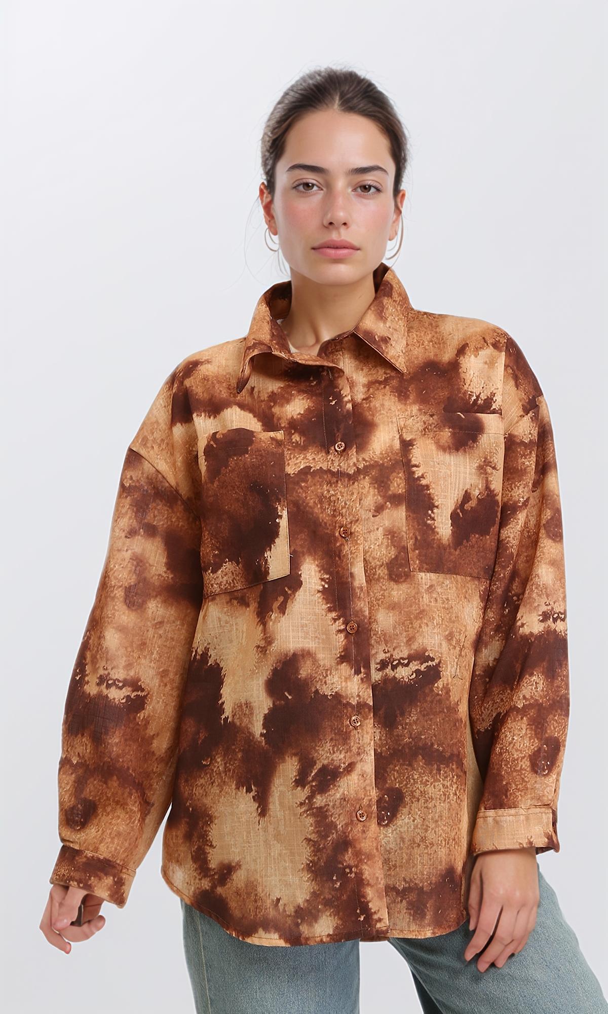 R204840 - Patterned Long Sleeves Relaxed Shirt - Camel & Brown