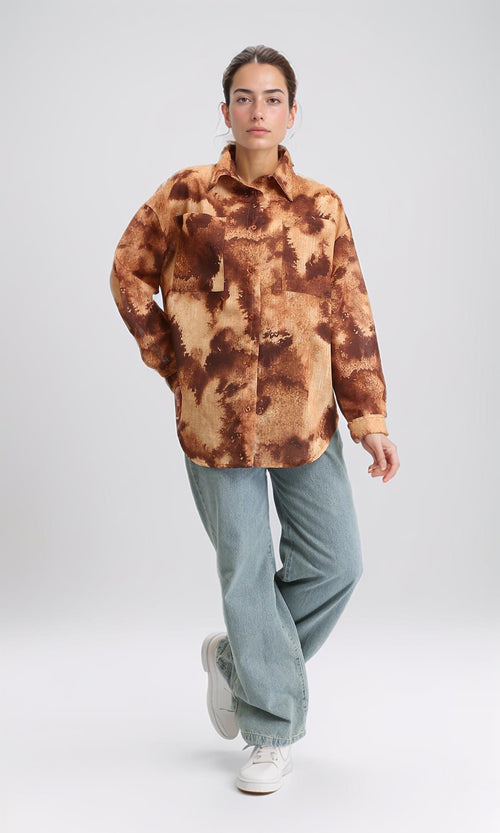 R204840 - Patterned Long Sleeves Relaxed Shirt - Camel & Brown