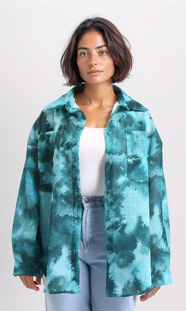 R204841-Long Sleeves Tie Dye Relaxed Shirt - Dark Green