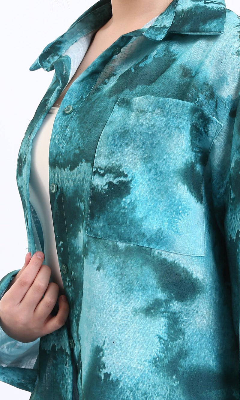 R204841-Long Sleeves Tie Dye Relaxed Shirt - Dark Green