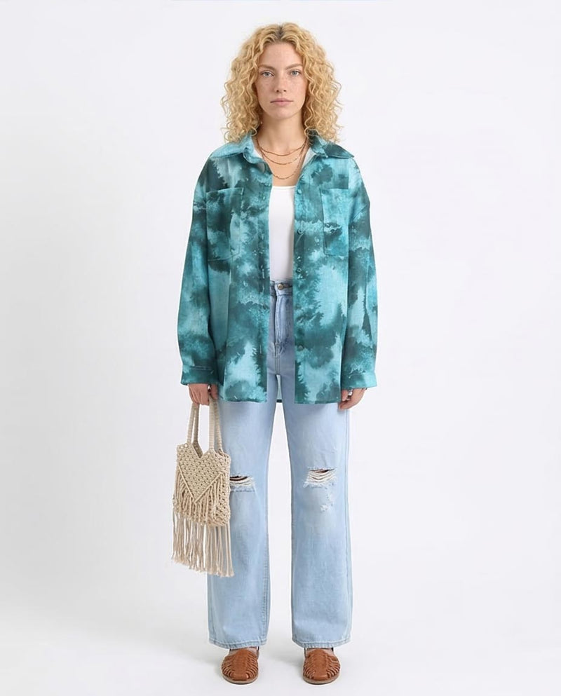 Ravin Oversized Abstract Print Button-Down Shirt – Teal & Forest Green - R204841
