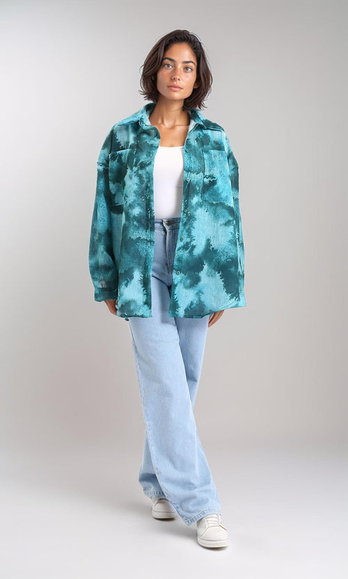 R204841-Long Sleeves Tie Dye Relaxed Shirt - Dark Green