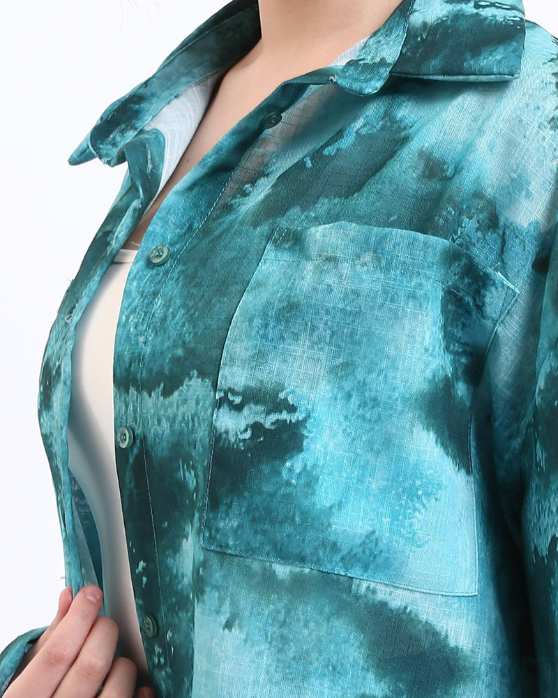 Ravin Oversized Abstract Print Button-Down Shirt – Teal & Forest Green - R204841