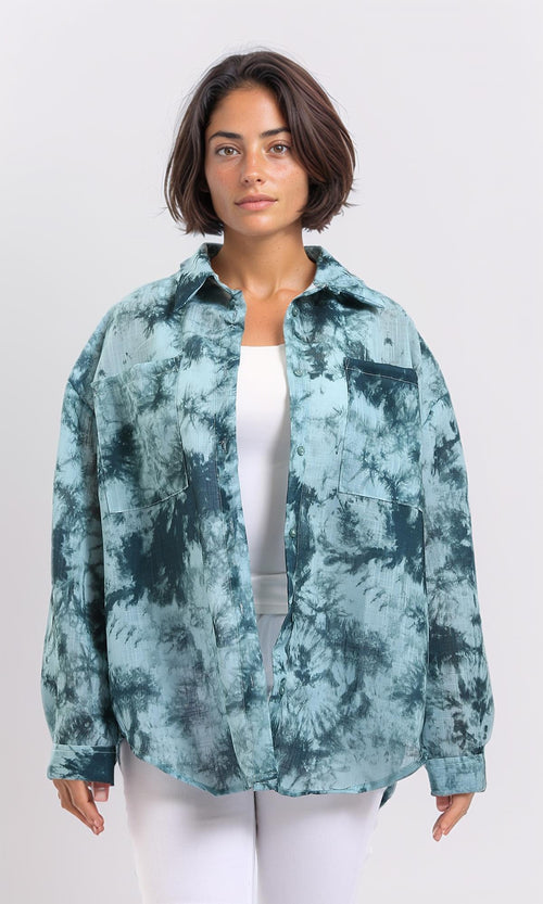 R204842-Long Sleeves Tie Dye Relaxed Shirt - Forest Green