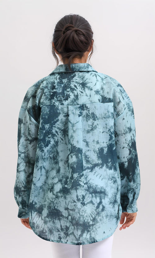 R204842-Long Sleeves Tie Dye Relaxed Shirt - Forest Green