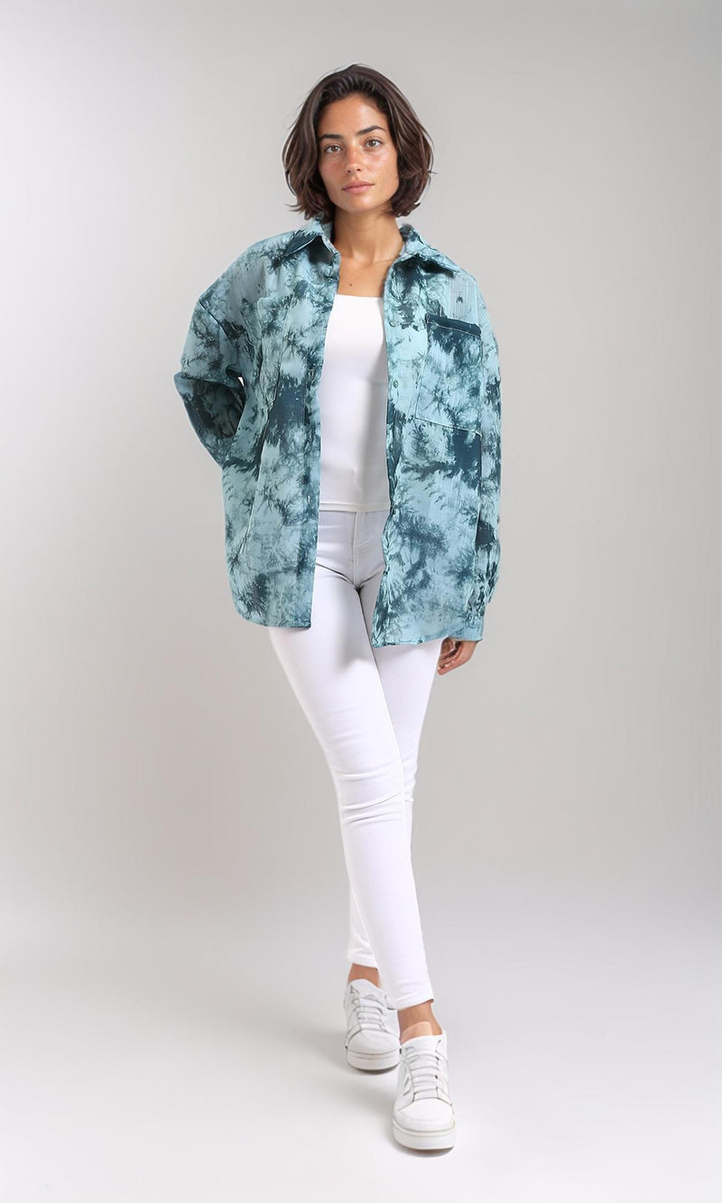 R204842-Long Sleeves Tie Dye Relaxed Shirt - Forest Green