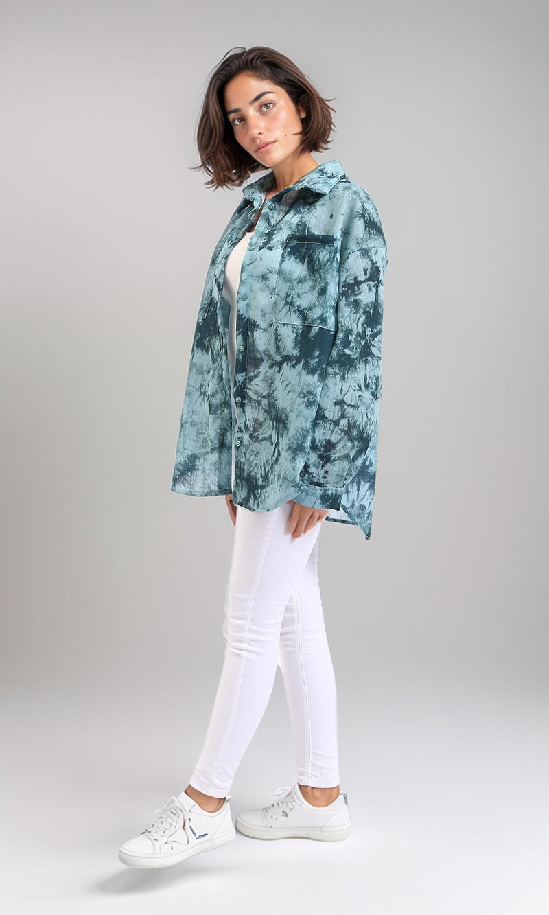 R204842-Long Sleeves Tie Dye Relaxed Shirt - Forest Green