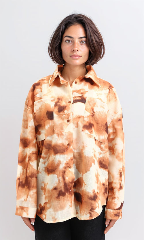 R204843 - Long Sleeves Tie Dye Relaxed Shirt - Brown Shades