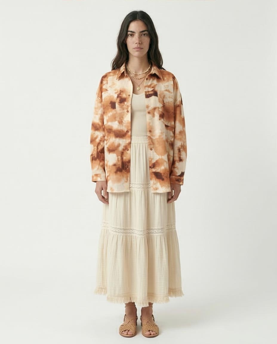 Ravin Oversized Textured Tie-Dye Shirt in Terracotta & Cream - R204843