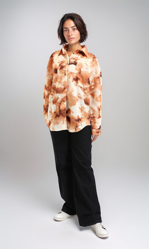 R204843 - Long Sleeves Tie Dye Relaxed Shirt - Brown Shades