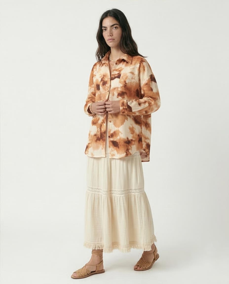 Ravin Oversized Textured Tie-Dye Shirt in Terracotta & Cream - R204843