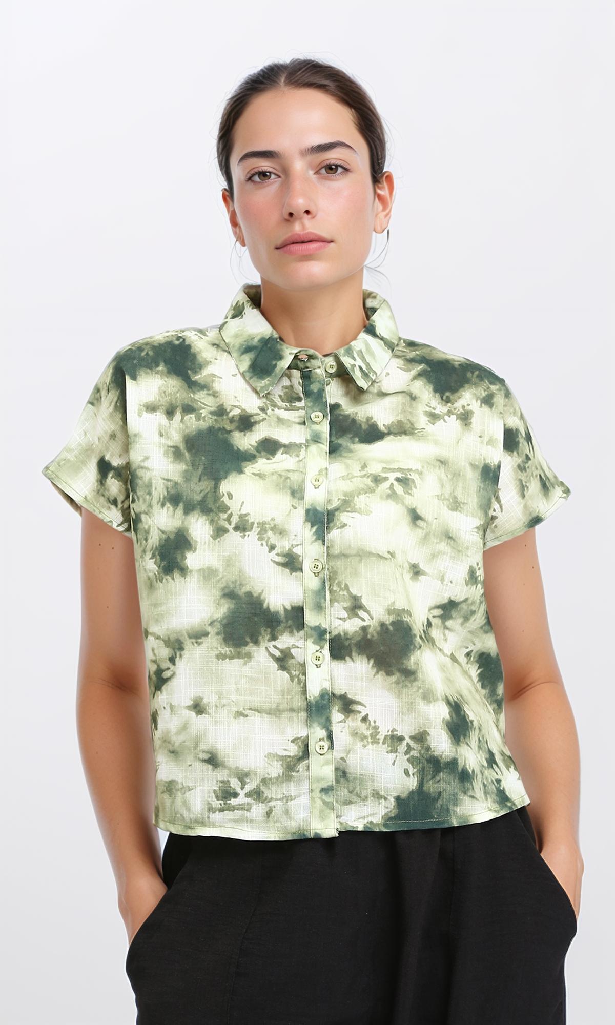 Patterned Short Sleeves Relaxed Shirt - Green Shades
