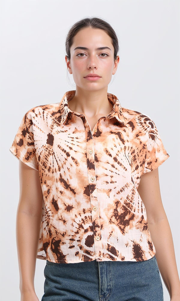R204845 - Patterned Short Sleeves Relaxed Shirt - Brown & Light Orange