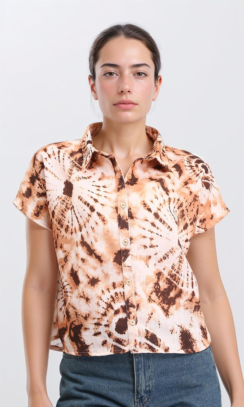 R204845 - Patterned Short Sleeves Relaxed Shirt - Brown & Light Orange