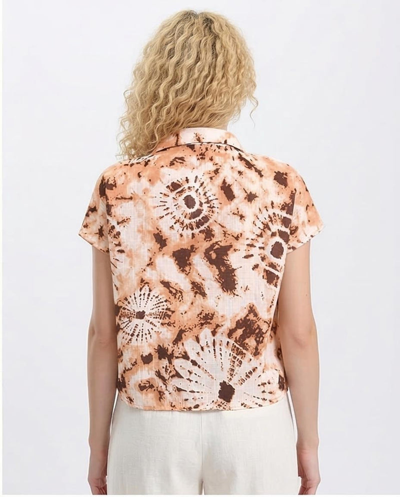 Ravin Women’s Earth-Tone Radial Tie-Dye Short Sleeve Linen-Look Shirt - Brown & Light Orange - R204845