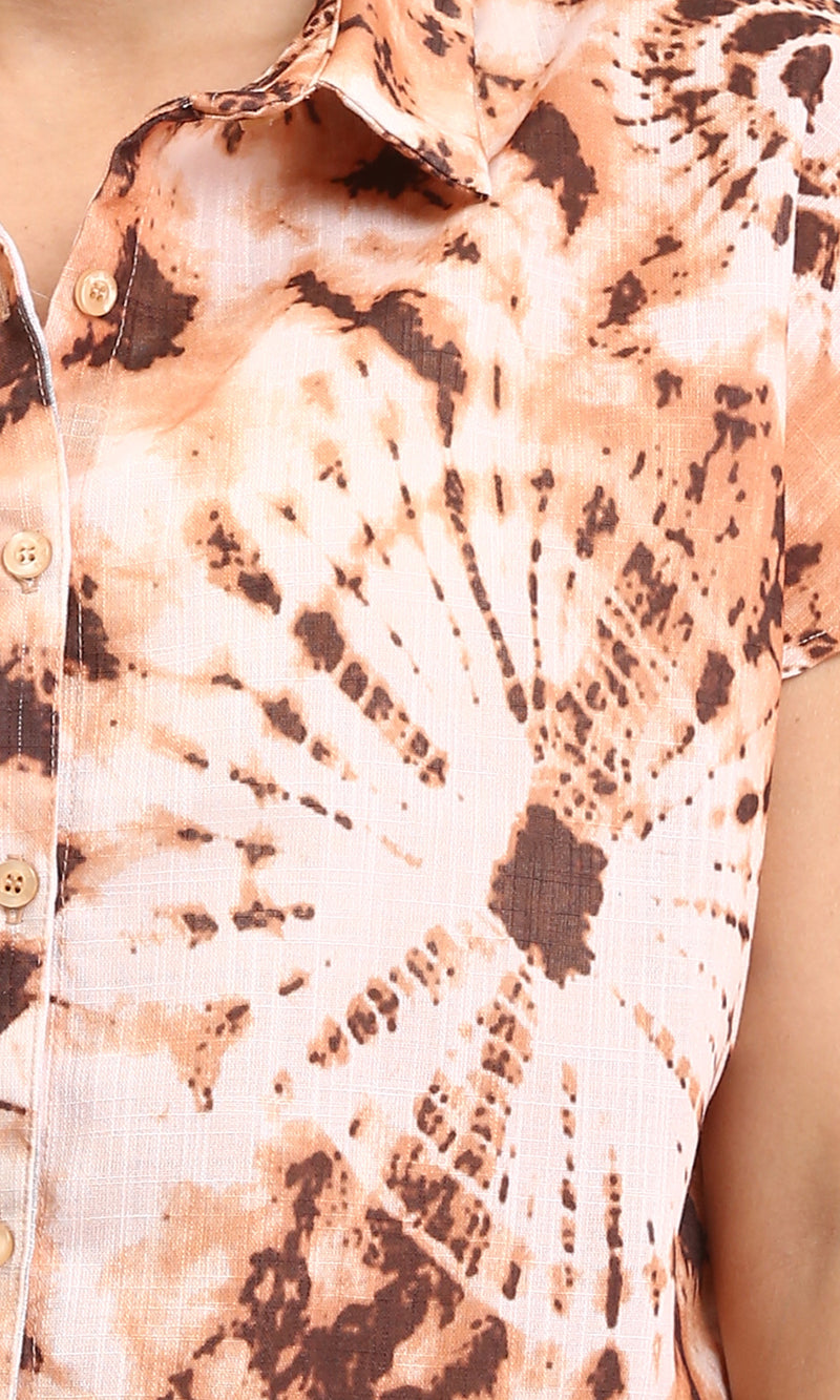 R204845 - Patterned Short Sleeves Relaxed Shirt - Brown & Light Orange